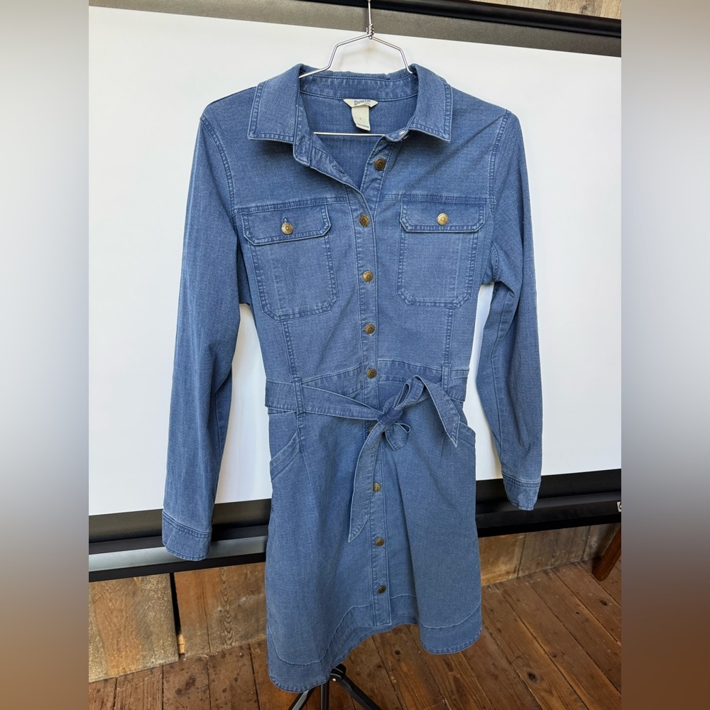 Duluth Trading Co Blue Long-Sleeve Denim Shirt Dress with Waist Tie